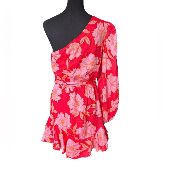 Olivaceous One Shoulder Ruffle Hem Mini Dress, Size Large, Red & Pink Floral - Picture 5 of 9